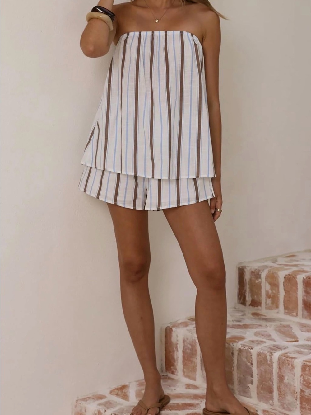 Striped Strapless Two-Piece Set in White, Brown & Light Blue